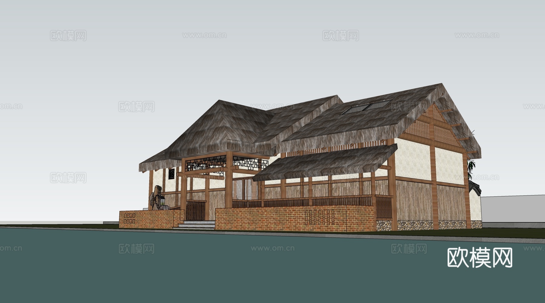 现代茅草屋建筑 茅草亭 木屋su模型