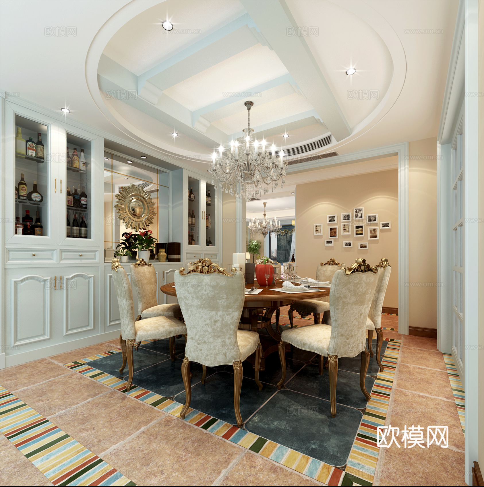 美式家居客厅餐厅 餐桌椅 沙发茶几 吊灯 桌面摆件 挂画3d模型