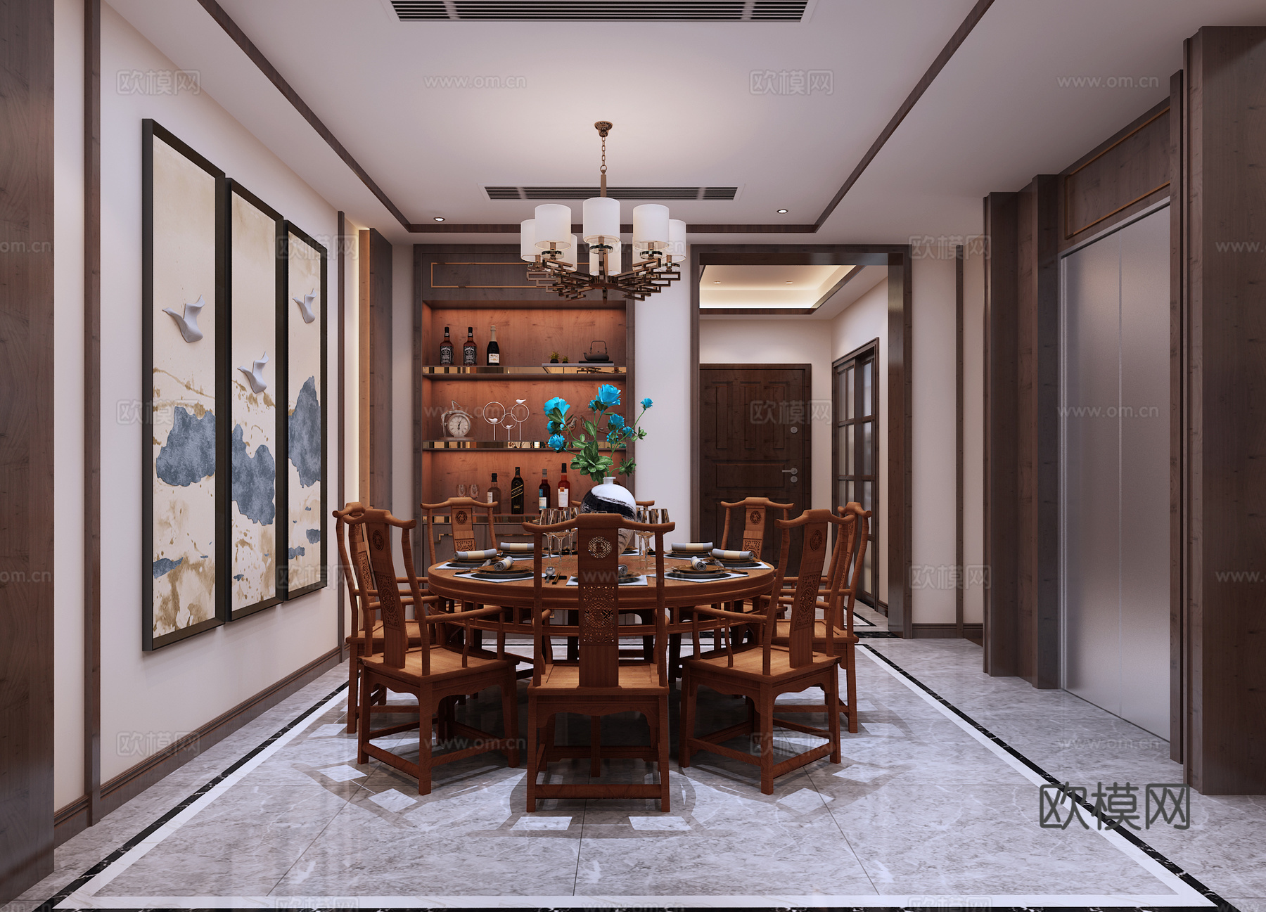 中式客厅餐厅 新中式客餐厅沙发 餐桌椅 窗帘3d模型