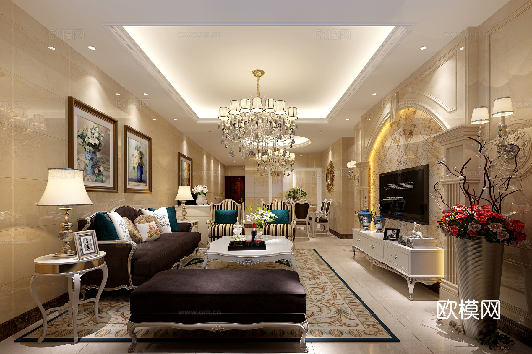 简约欧式客餐厅 沙发茶几 吊灯 挂画 电视柜 摆件 餐桌椅3d模型