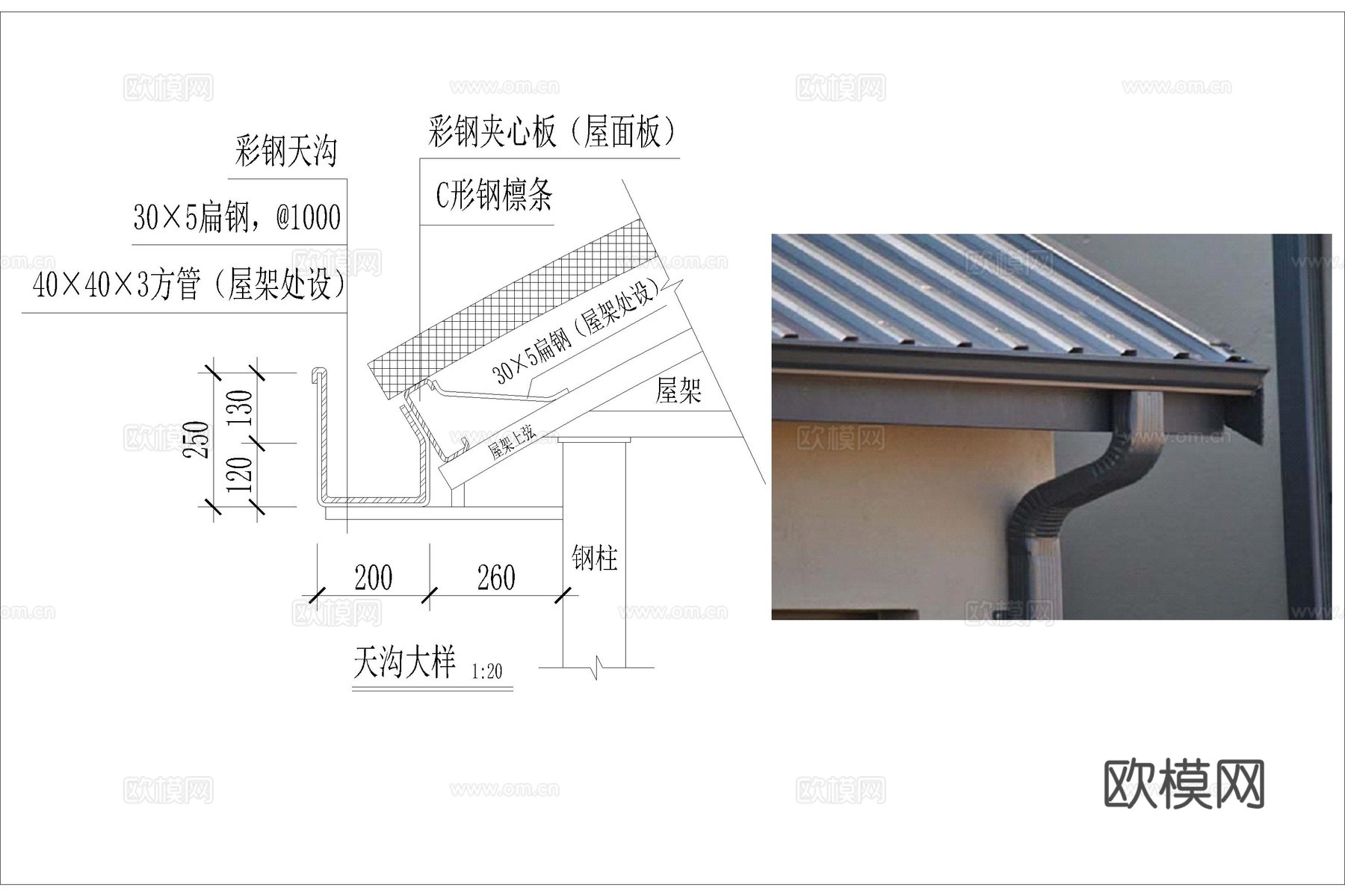 屋檐节点 屋顶节点 天沟节点 钢结构天沟 排水天沟 屋檐排水cad施工图