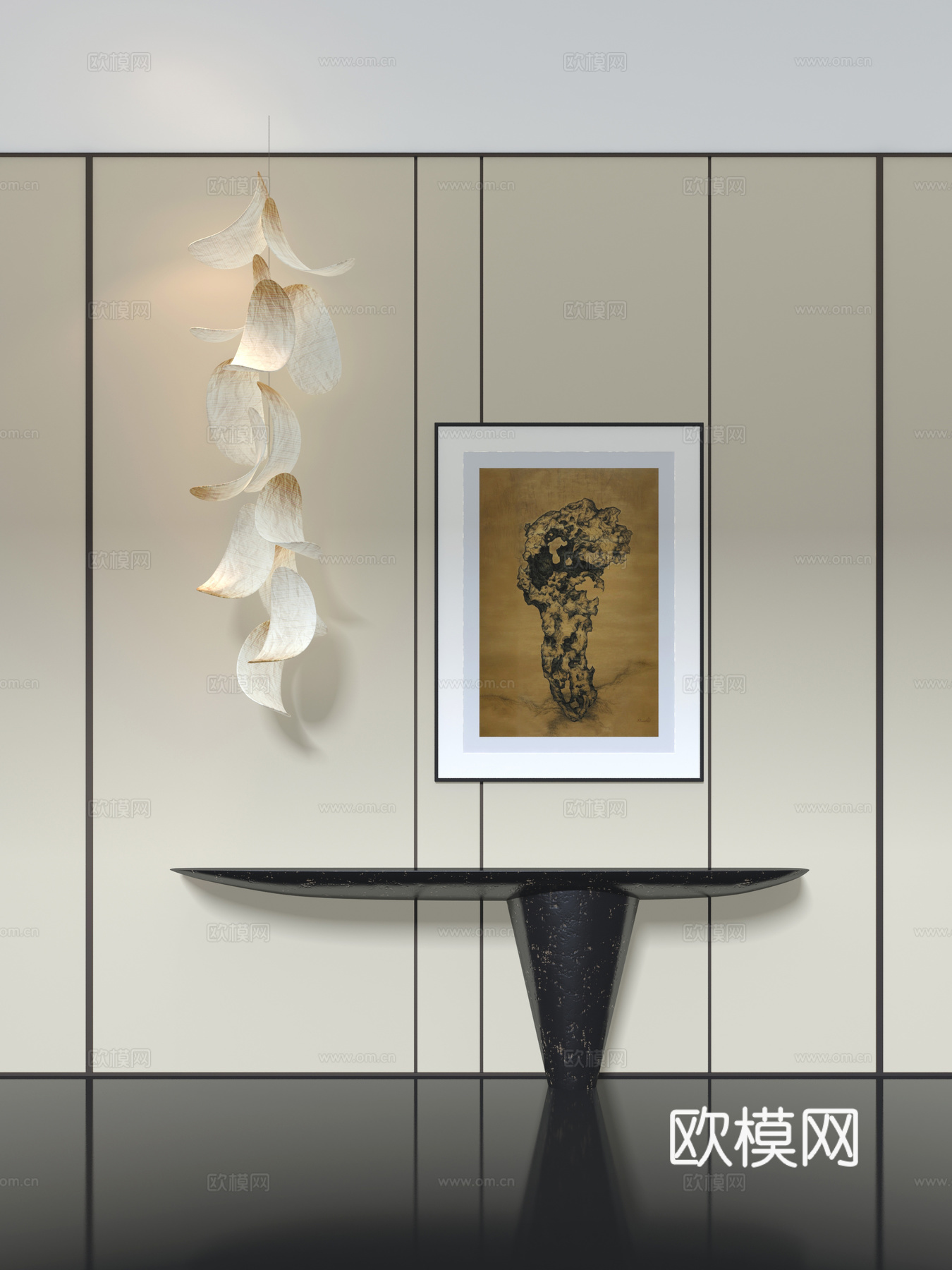 玄关台 过道端景 背景墙 吊灯 挂画 硬包3d模型