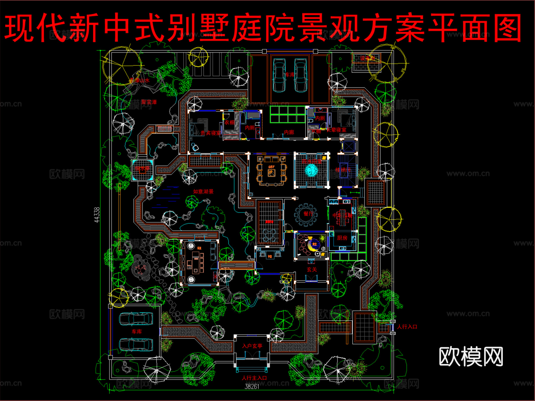 现代新中式别墅庭院景观方案平面图cad施工图
