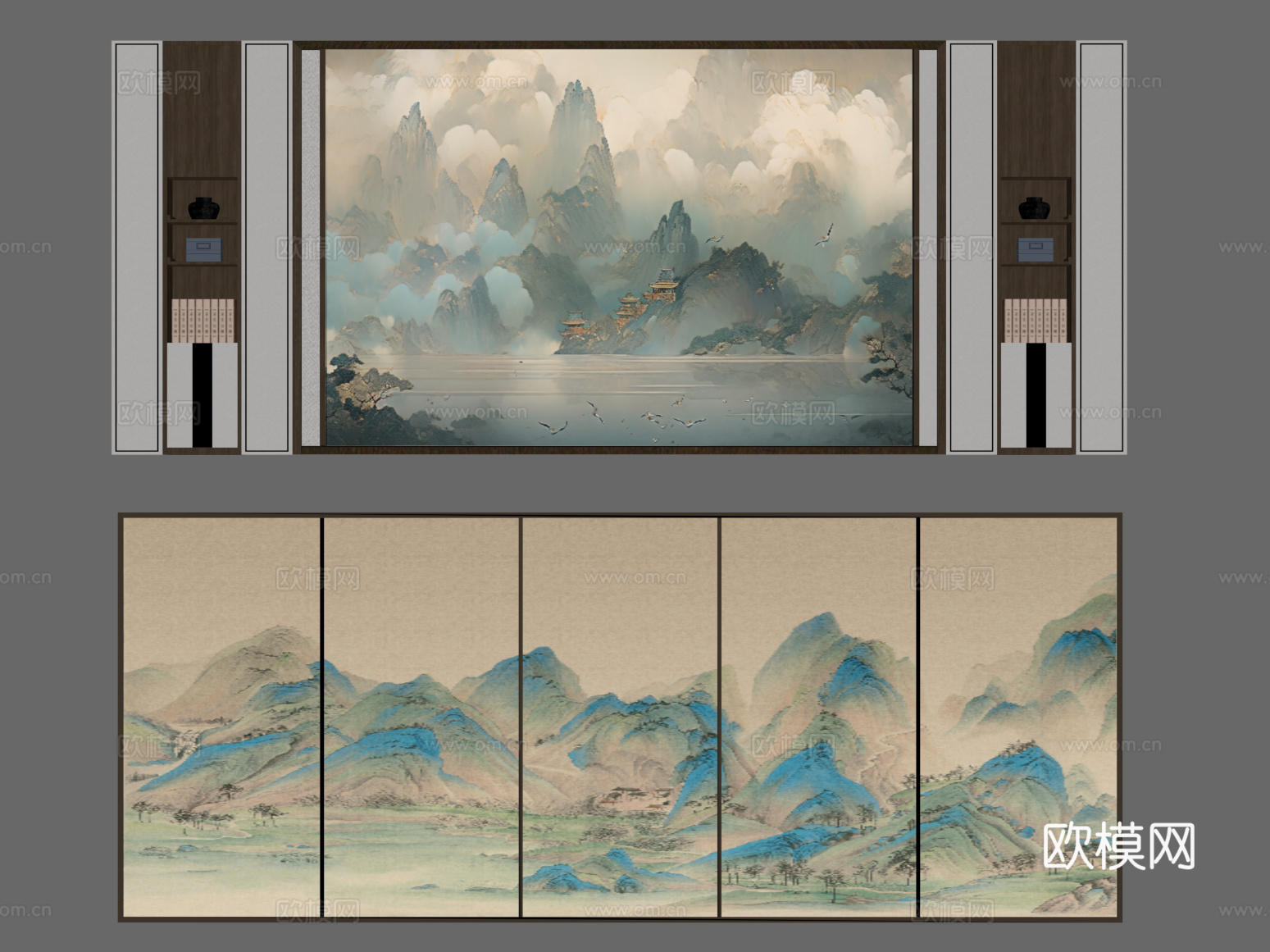 新中式背景墙su模型