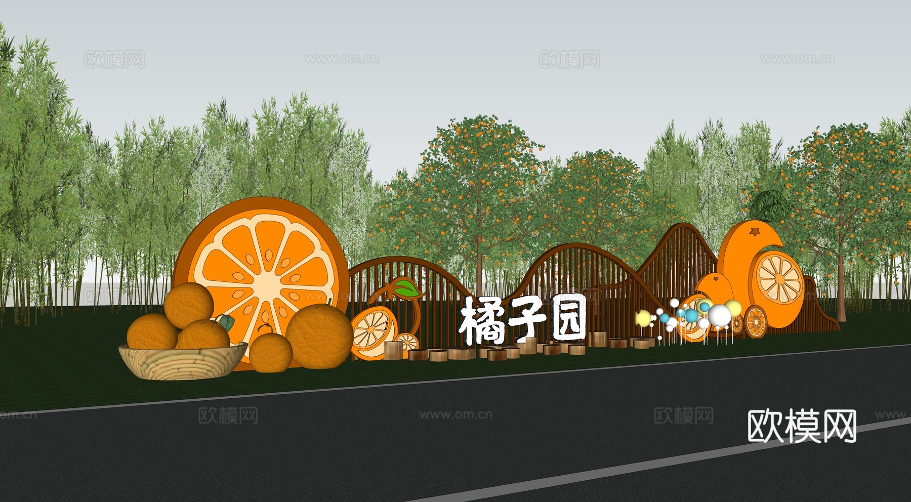 现代柑橘公园景观 橘子乐园标识牌 柑橘采摘园 柑橘艺术景墙su模型