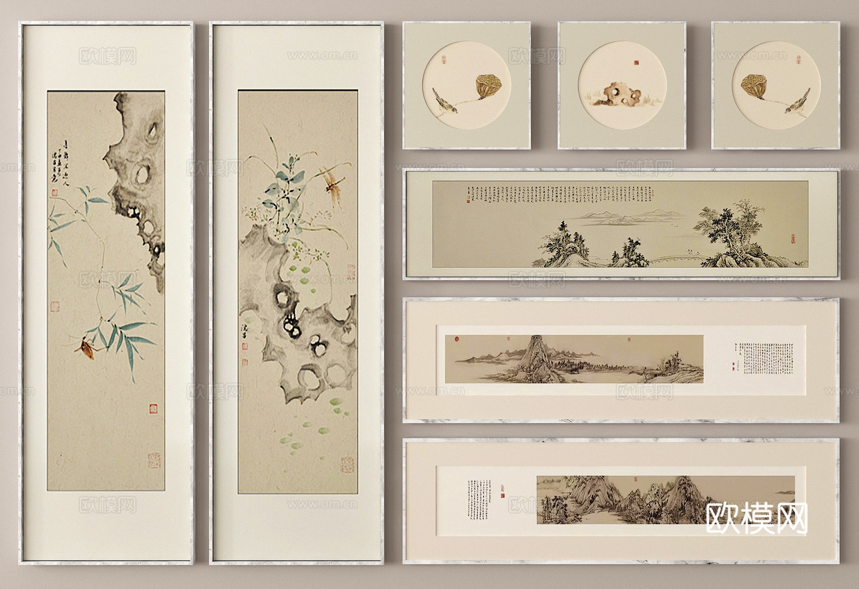 中式水墨画 挂画 组合画 装饰画su模型