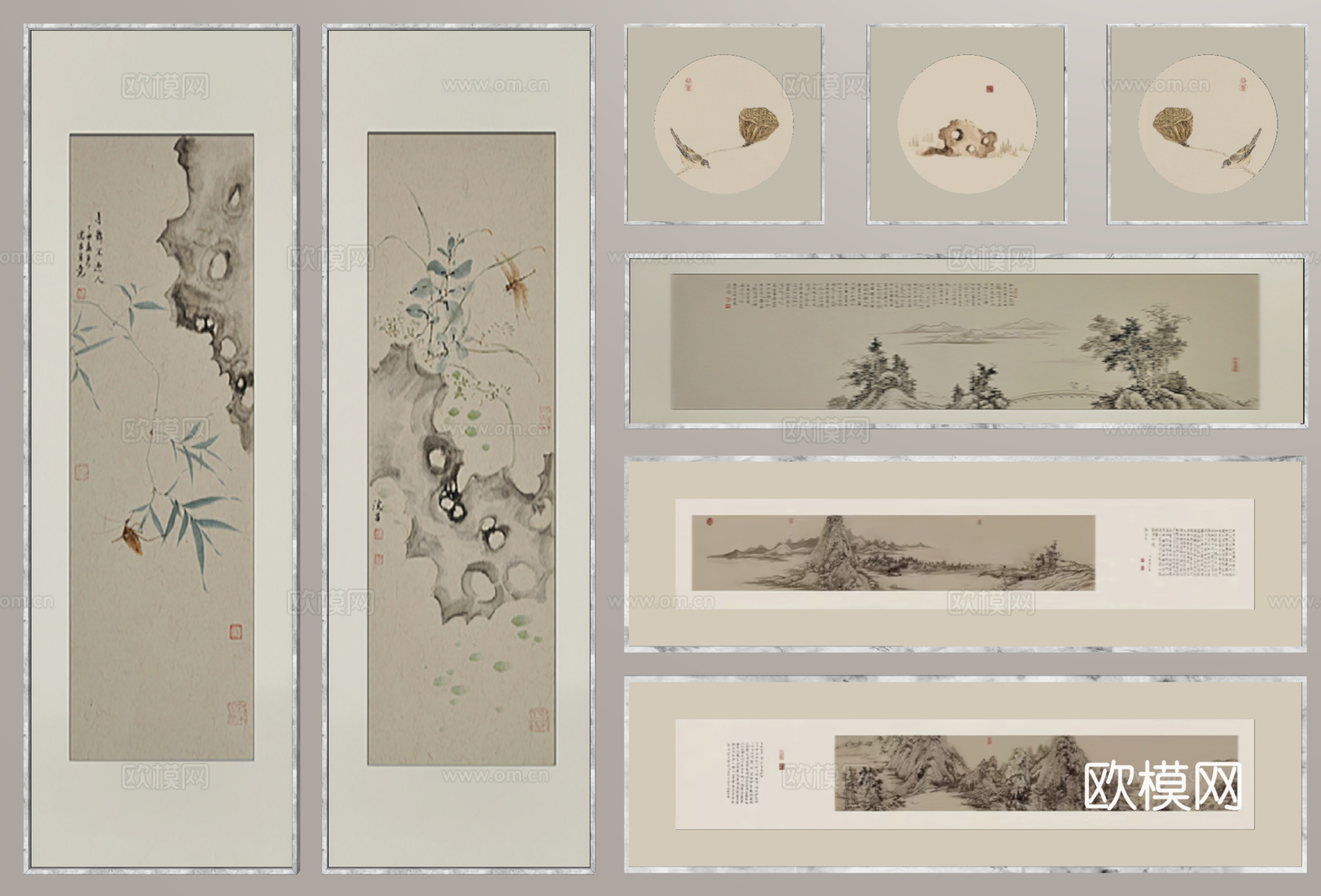 中式水墨画 挂画 组合画 装饰画su模型