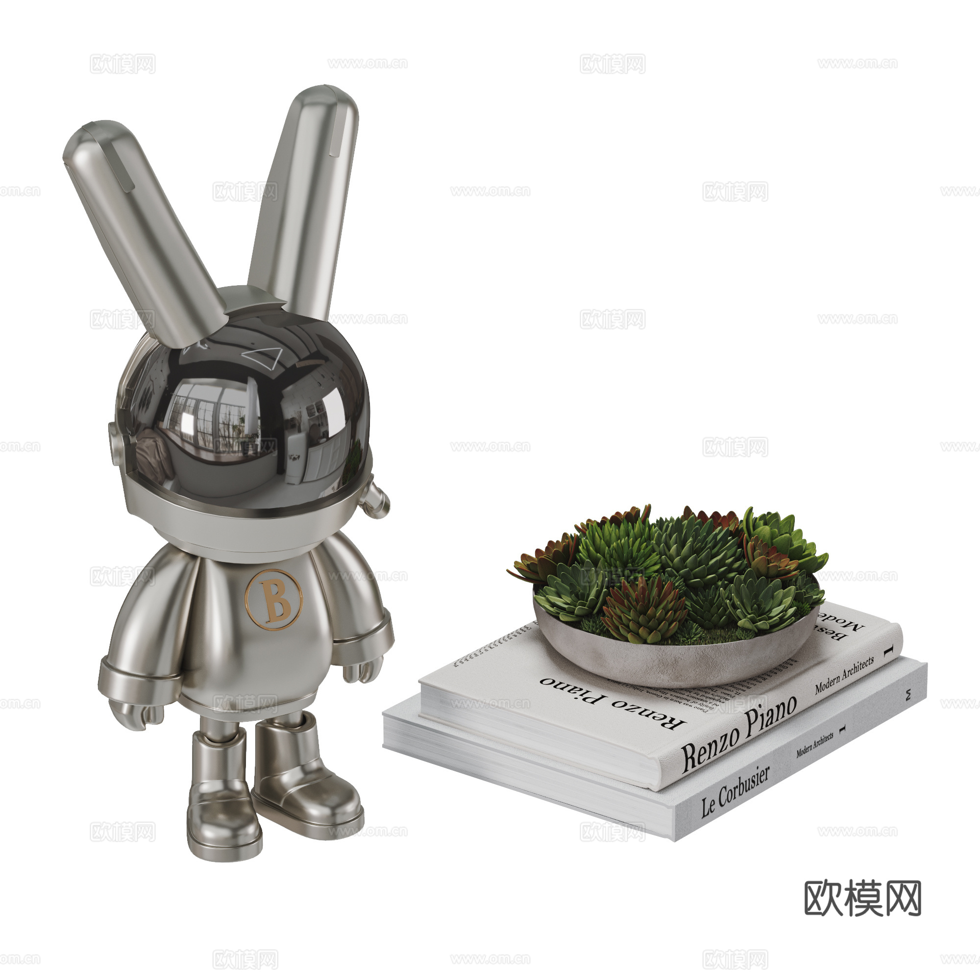 现代雕塑摆件组合 植物 托盘 书籍su模型
