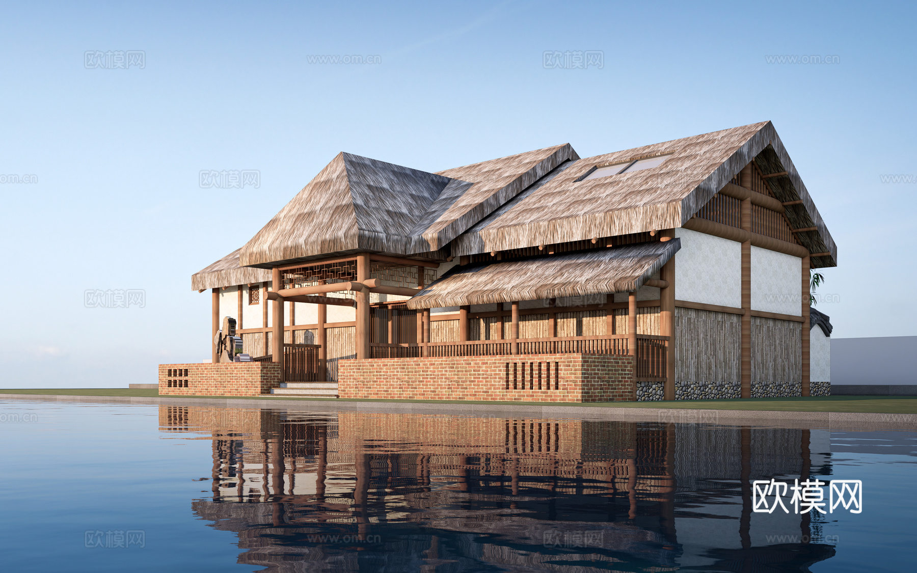 现代茅草屋建筑 茅草亭 木屋su模型