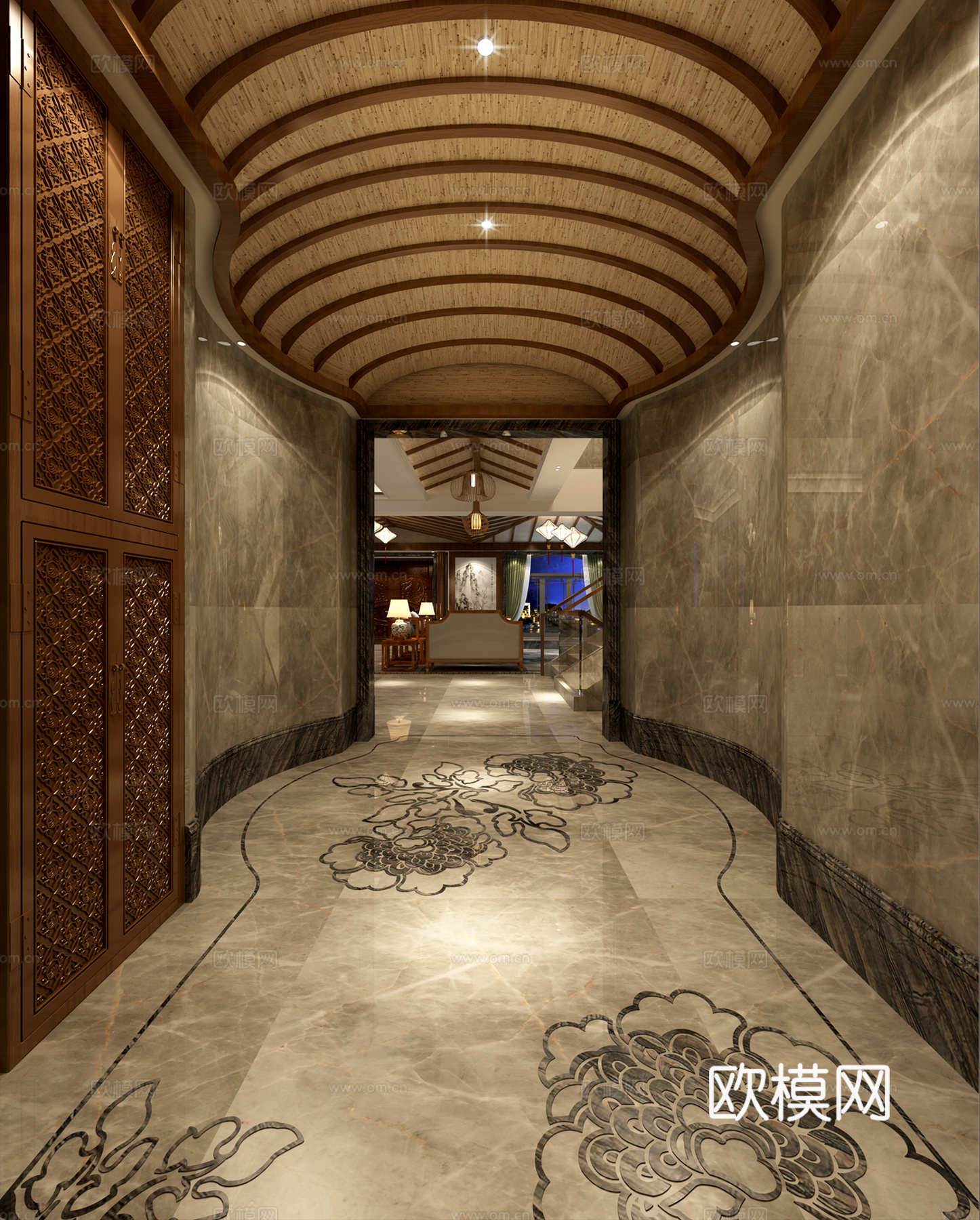 新中式客厅餐厅 玄关 吊灯 沙发茶几 挂画3d模型