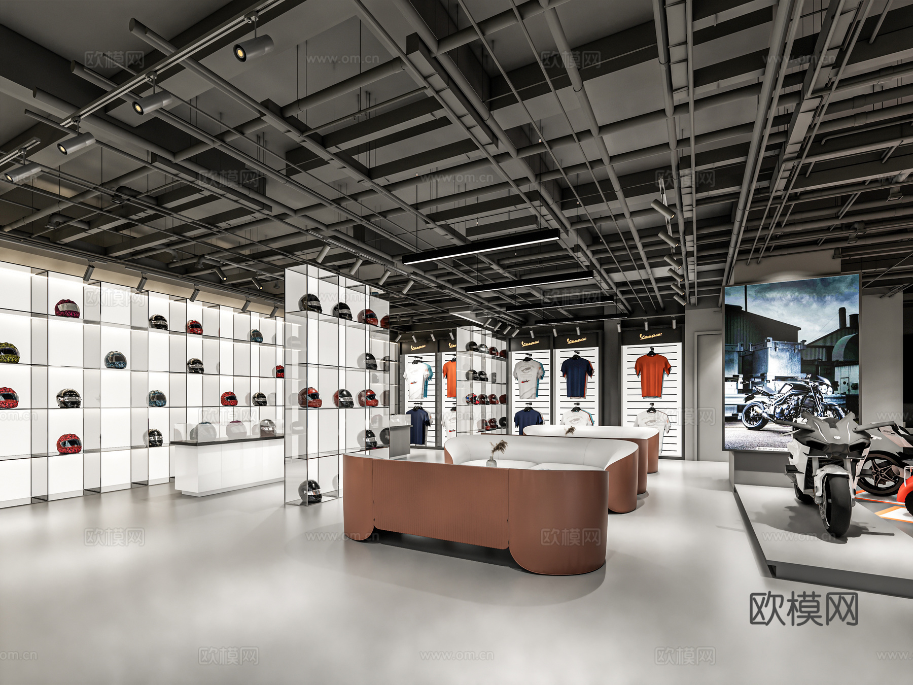 现代服装店 摩托车服装店 摩托车外设店 头盔衣服服饰 展台展su模型