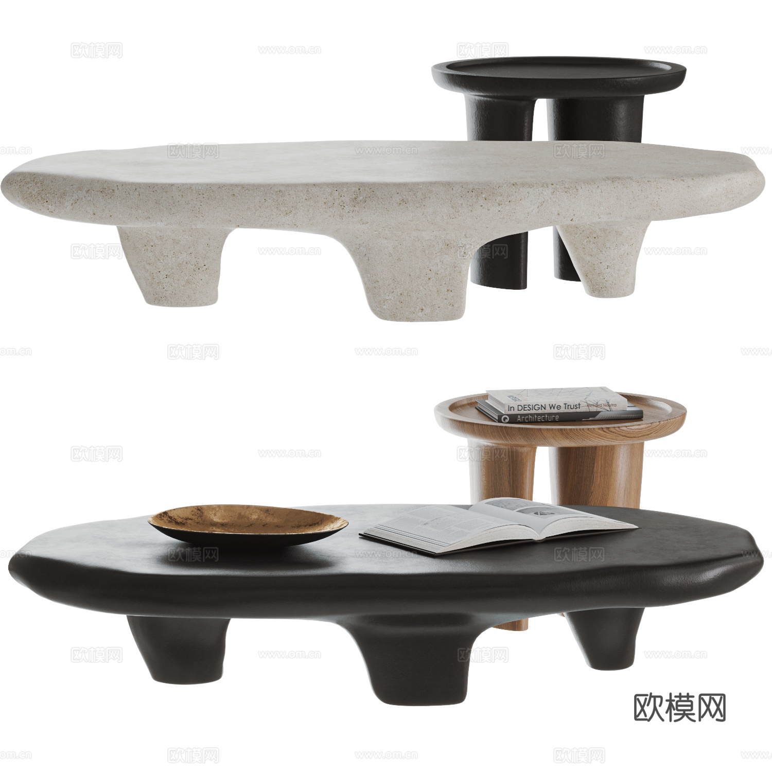现代 侘寂风 茶几组合 异形茶几 石材茶几  茶几摆件su模型