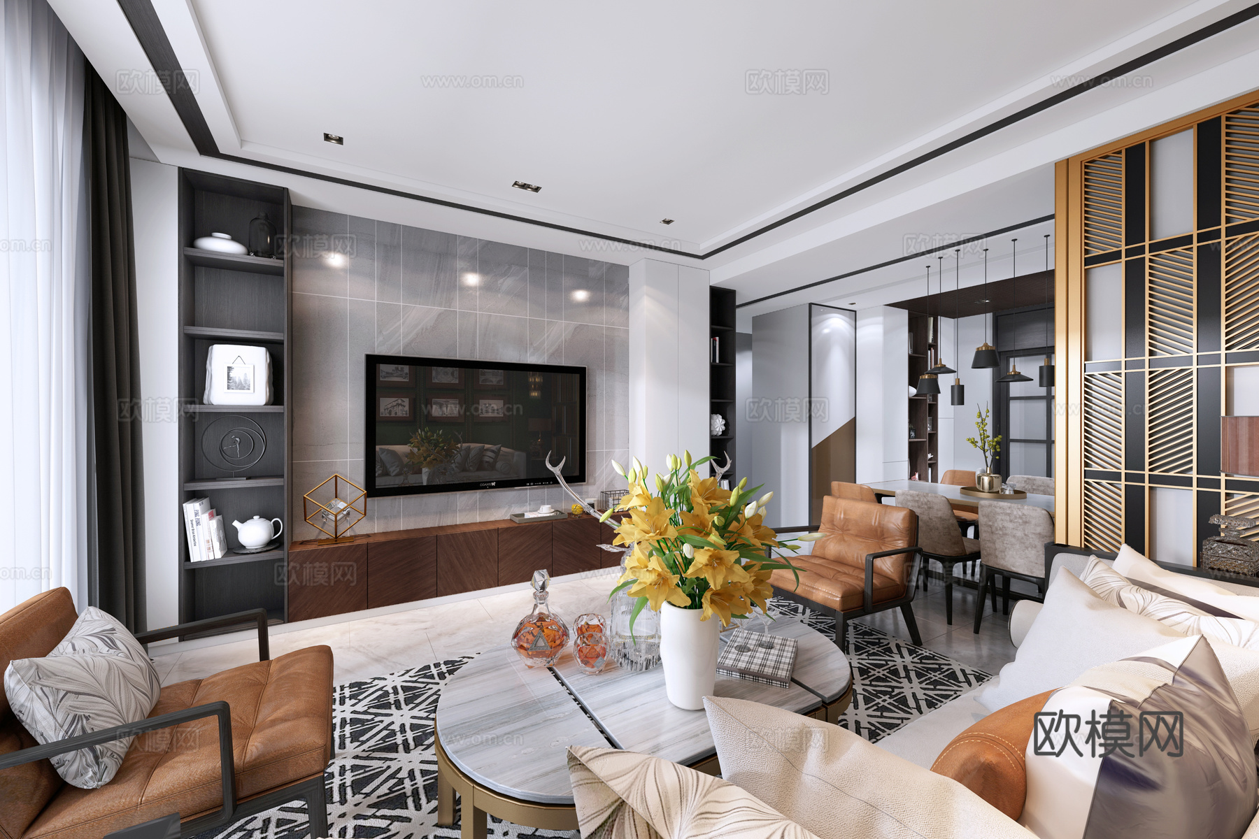 轻奢客餐厅 装饰画 沙发茶几 吊灯3d模型