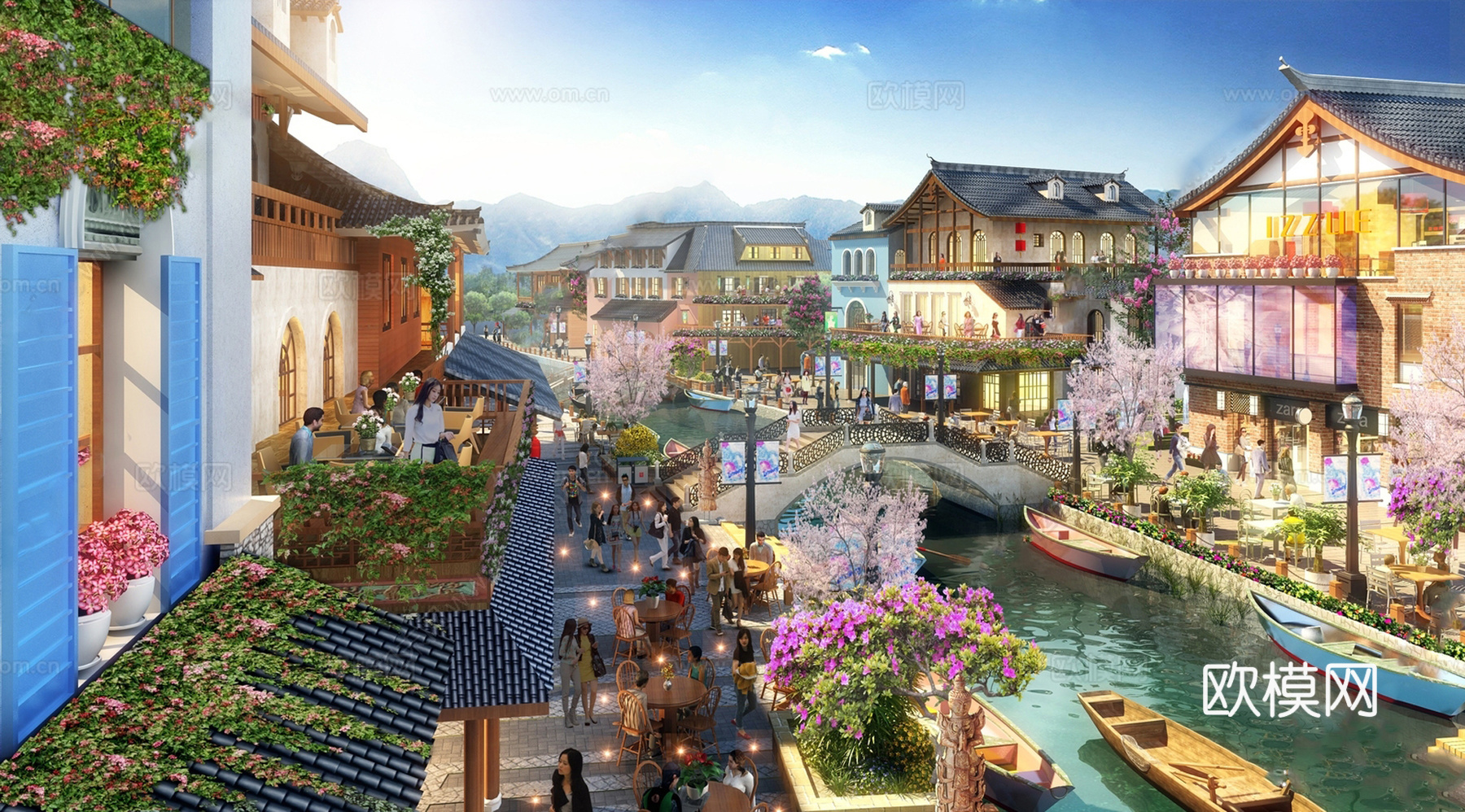 新中式中式商业街 新中式仿古建筑 古建 文旅小镇 滨水景观su模型