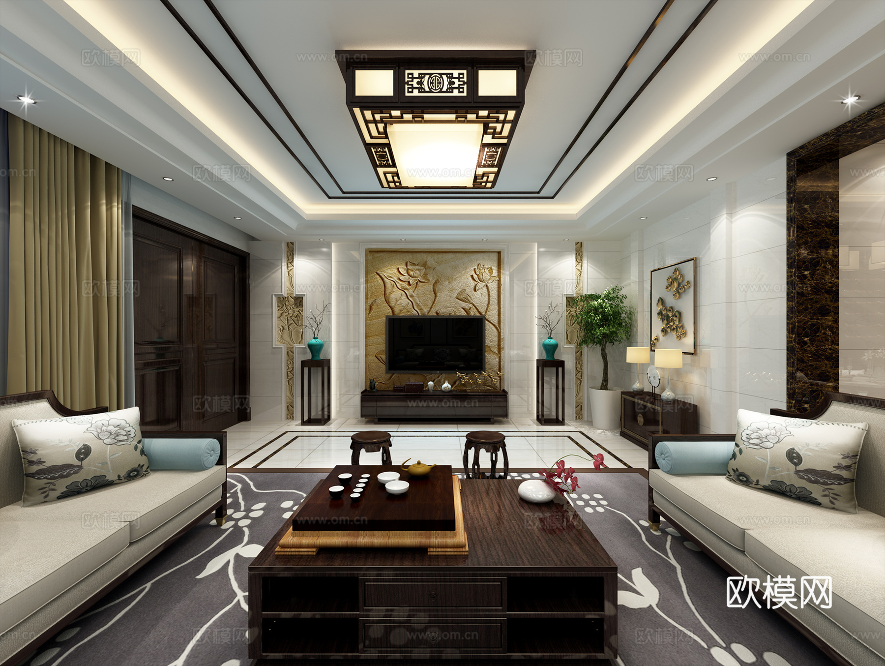 新中式客厅 餐厅 吊灯 餐桌椅 沙发茶几3d模型