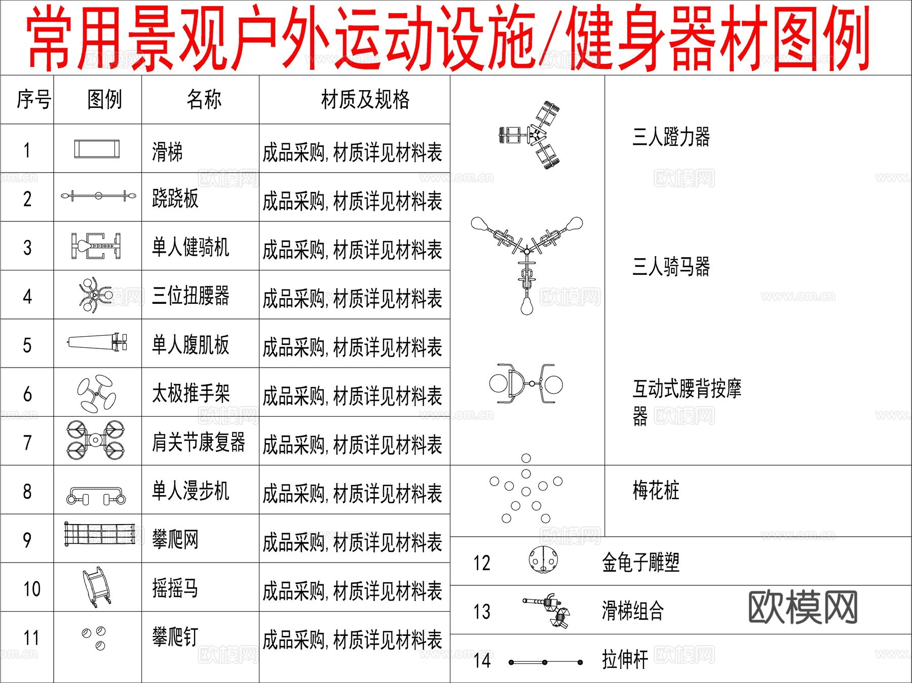 常用景观户外运动设施健身器材图例cad施工图