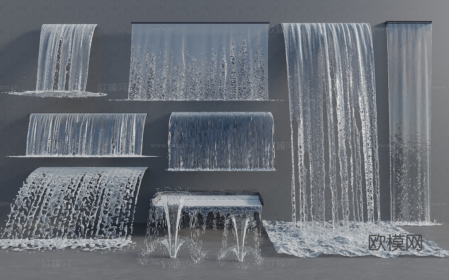 现代新中式水幕帘 水幕墙 喷泉水景 水景 跌水3d模型