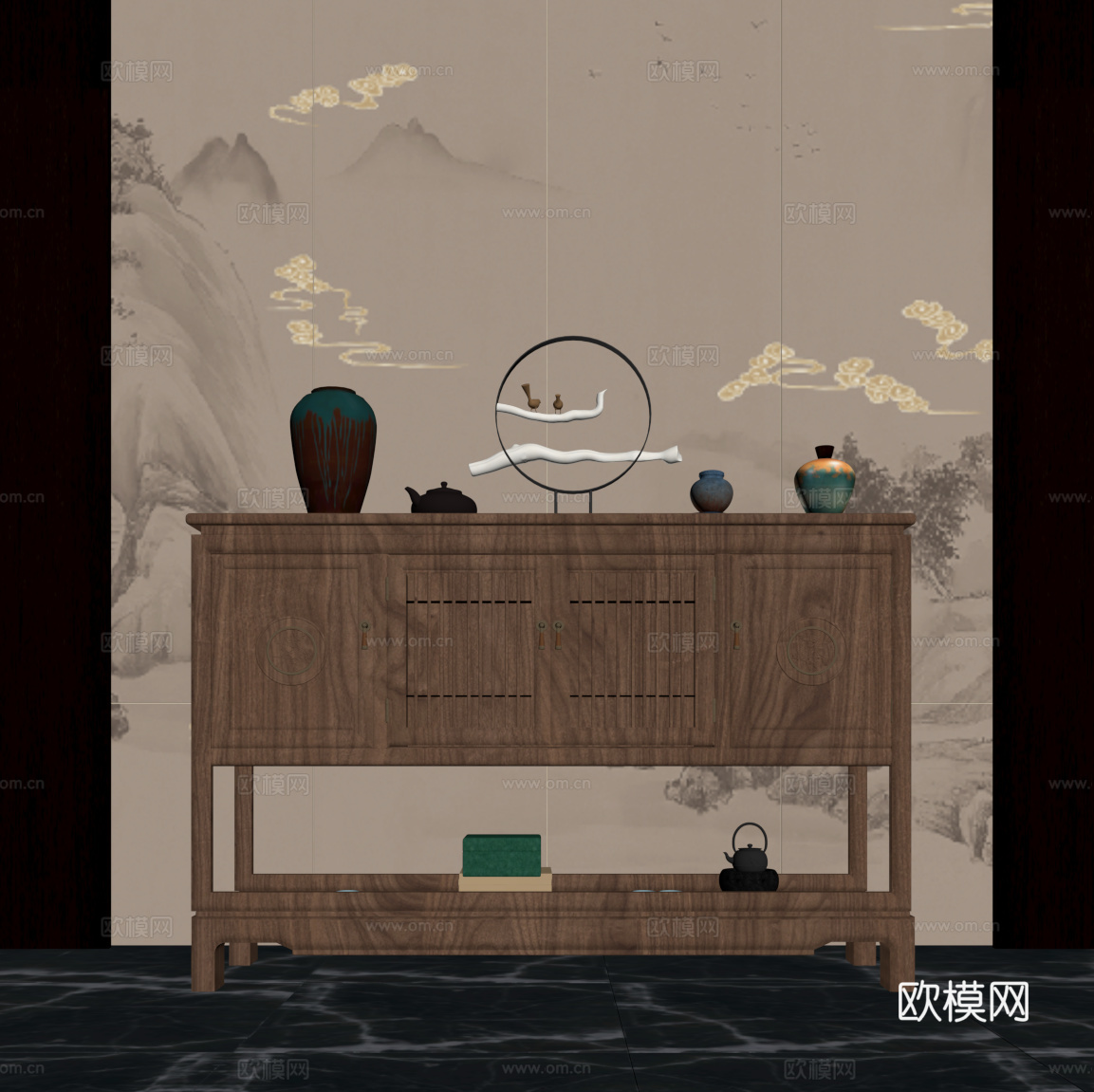 玄关 新中式玄关 端景柜 玄关柜 摆件su模型