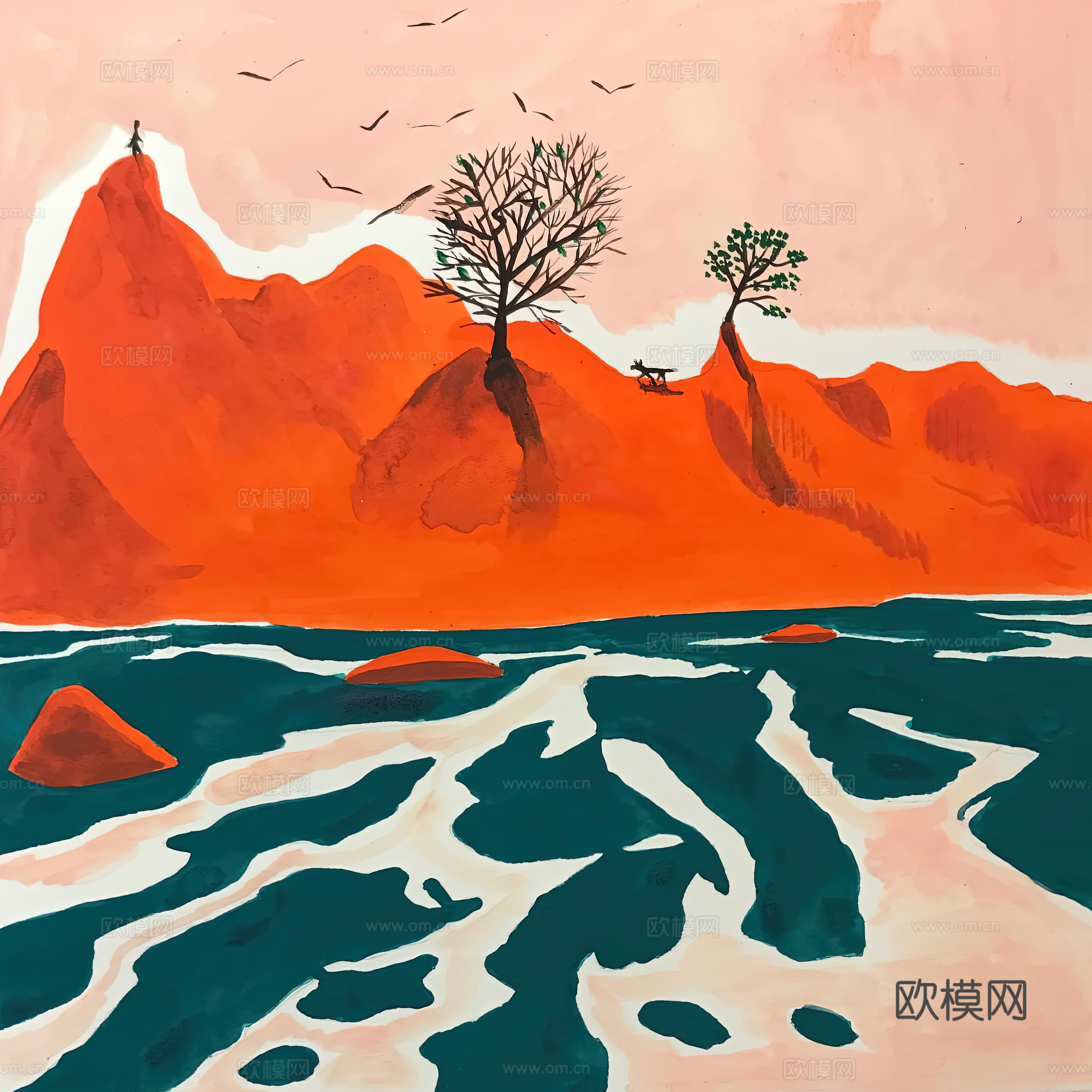 水彩小人大景 艺术挂画 挂画 装饰画 艺术画下载