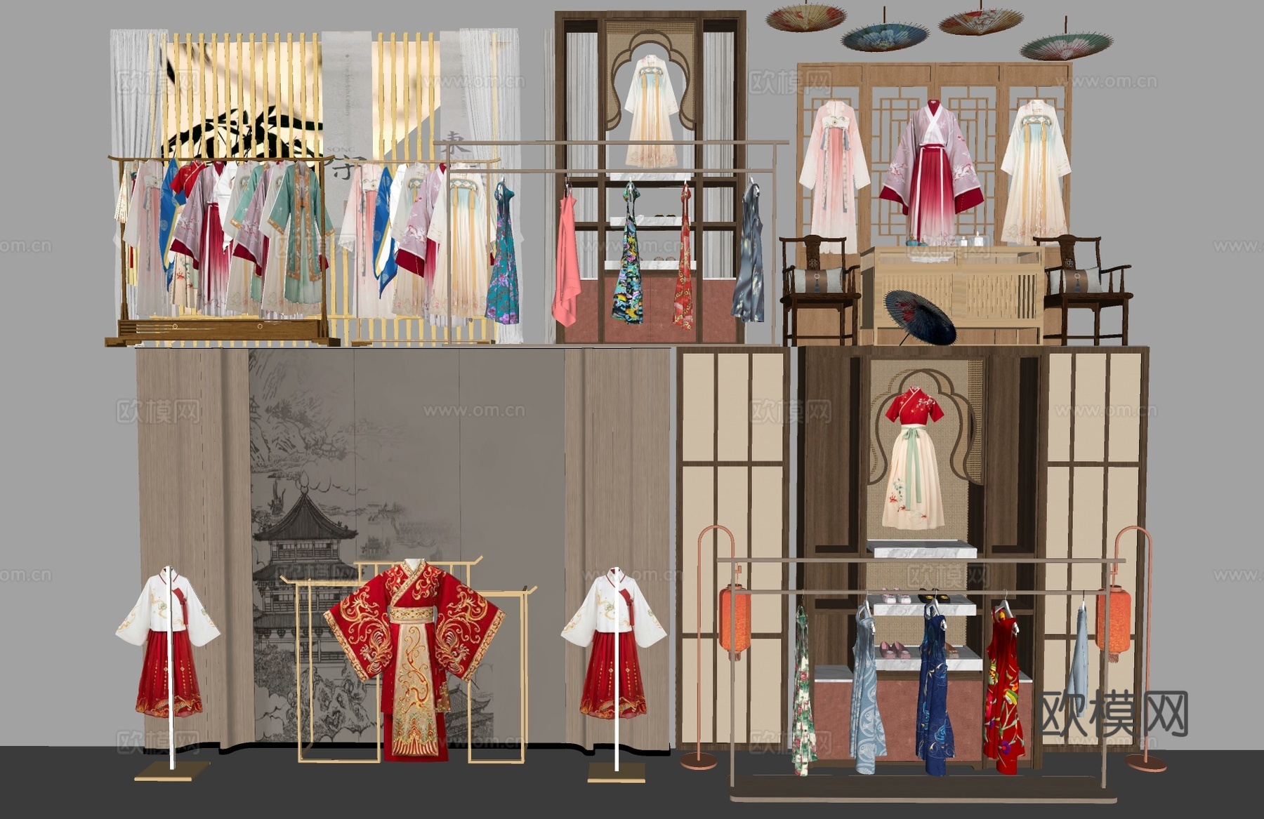 服装 汉服 女装 旗袍 敬酒服 服装店su模型