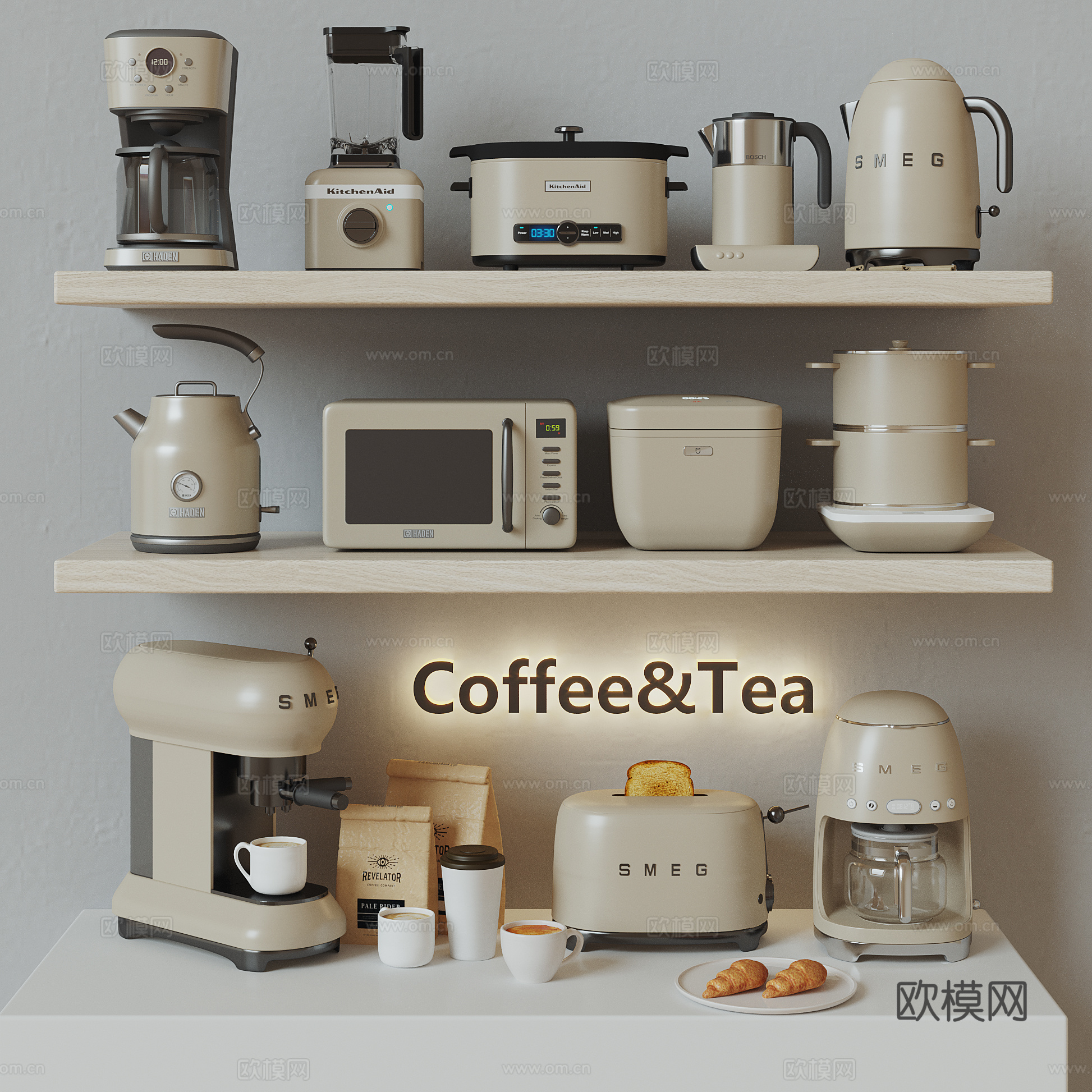 现代 复古 厨房电器 小家电 咖啡机 电饭煲 破壁机 面包机3d模型