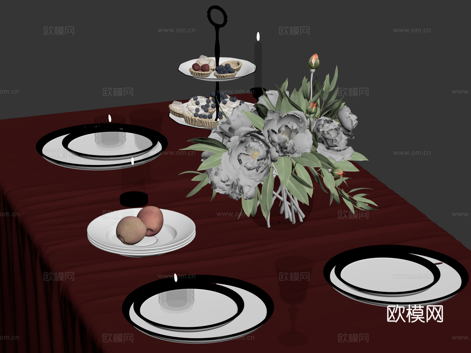 餐具 美式复古餐具 桌布su模型