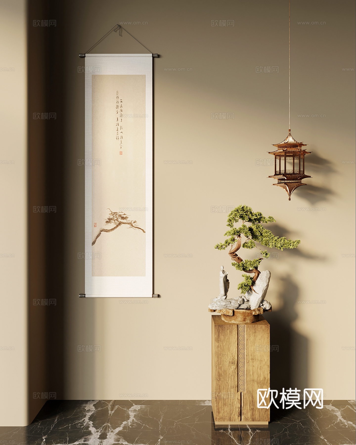 雕塑摆件 新中式雕塑摆件 松树盆景 吊灯 挂画su模型