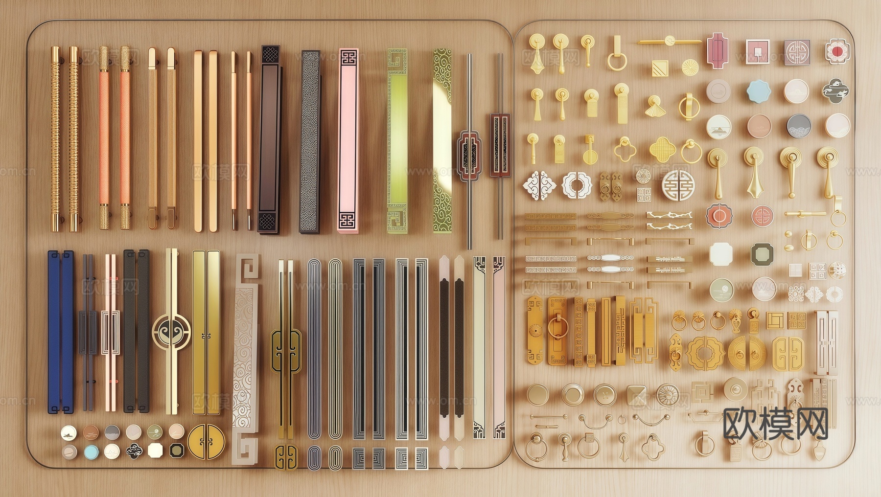 新中式门把手 入户门把手 柜门拉手su模型