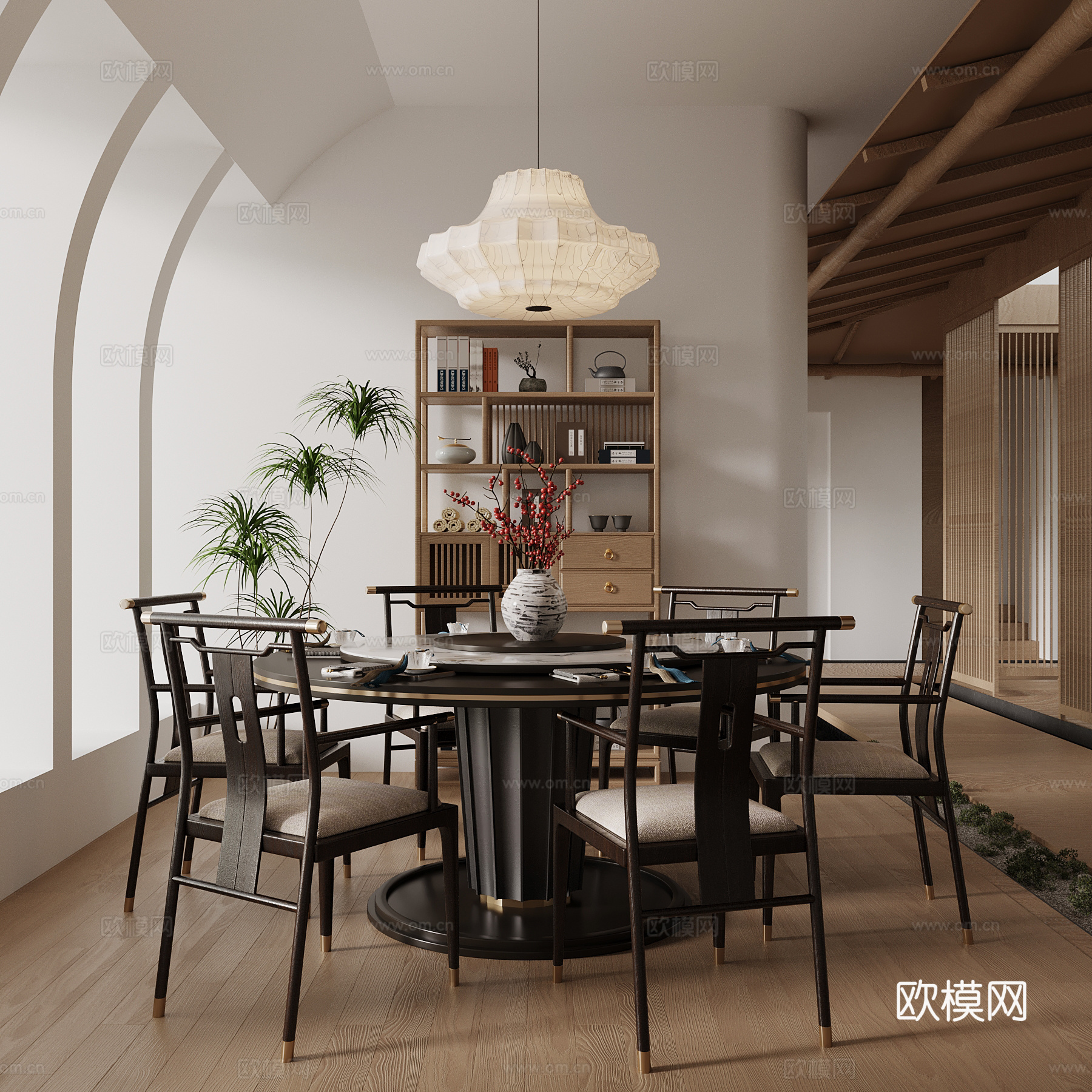 新中式餐桌椅 餐具 吊灯su模型