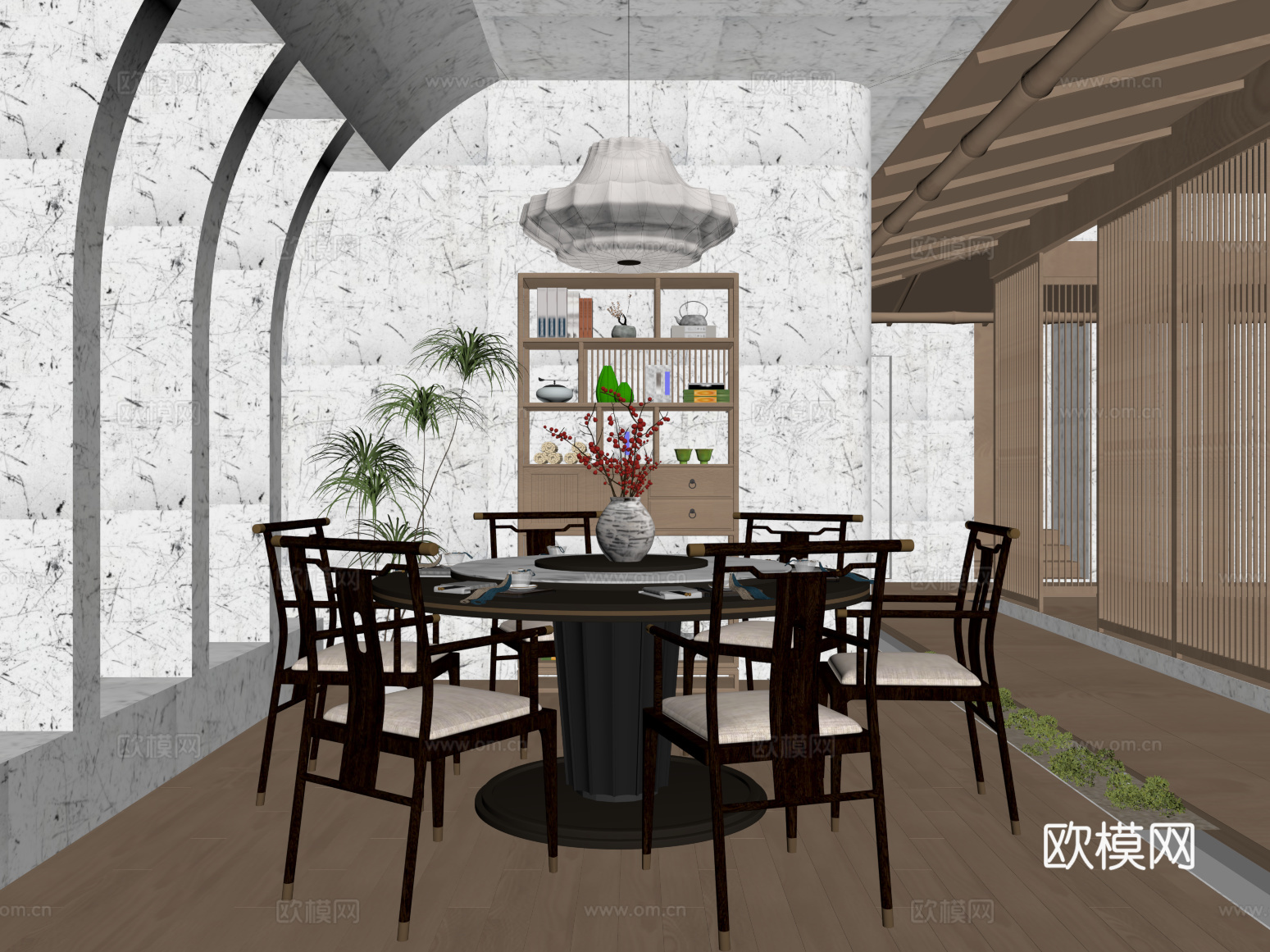 新中式餐桌椅 餐具 吊灯su模型
