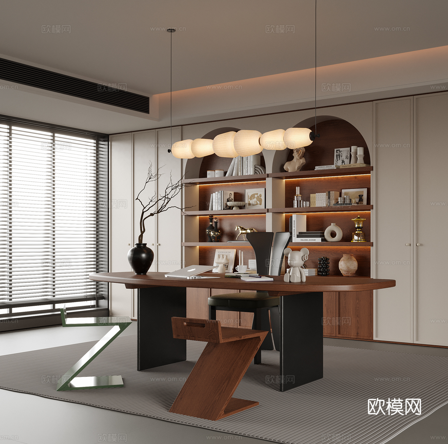 现代书房 书桌椅 书柜 凳子su模型