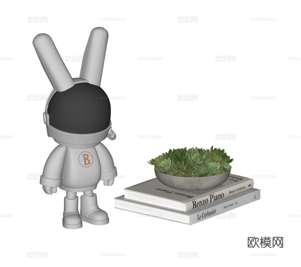 现代雕塑摆件组合 植物 托盘 书籍su模型