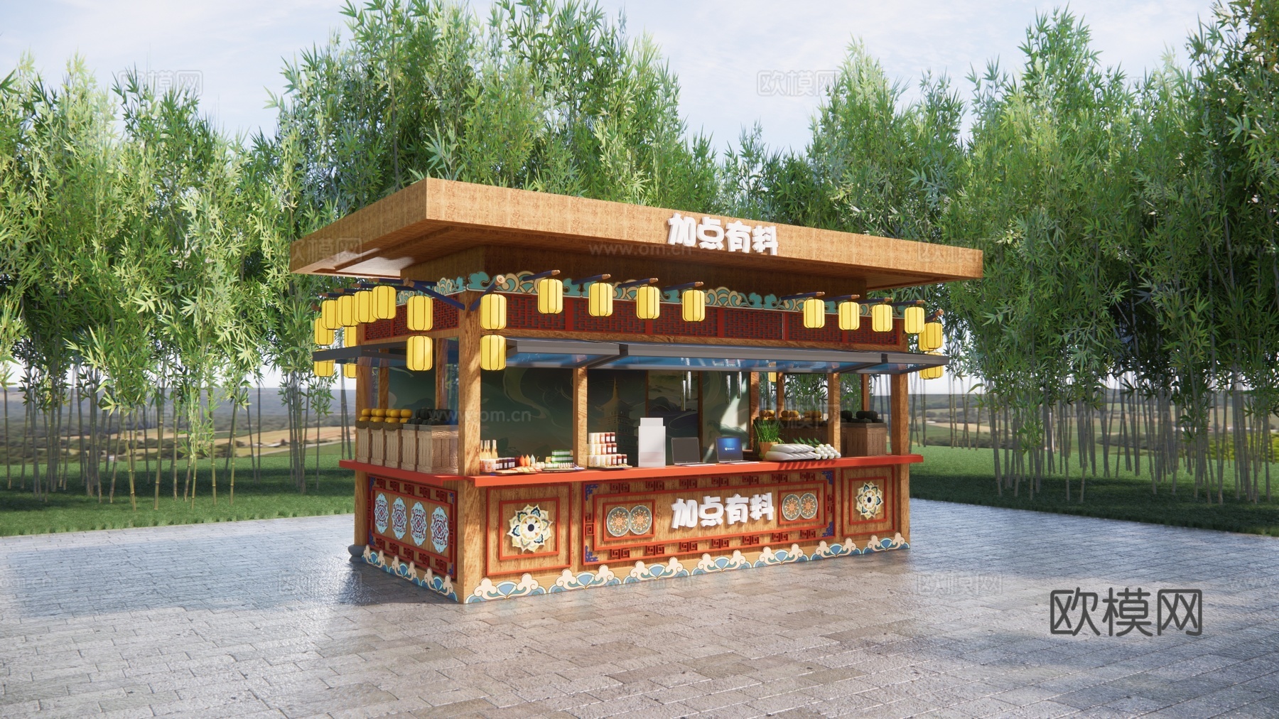 新中式国潮售卖亭 集装箱售货亭 商业餐饮店铺 商业售卖花车su模型