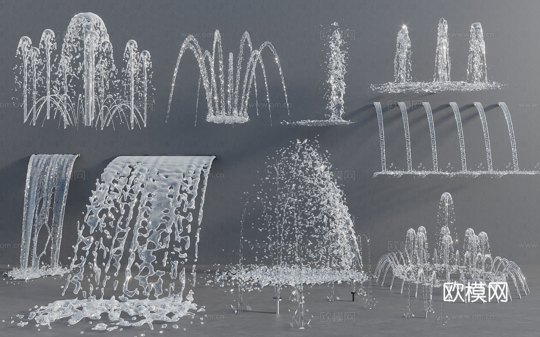 现代新中式喷泉 喷泉水景 涌泉 水幕帘 水柱水花 跌水3d模型