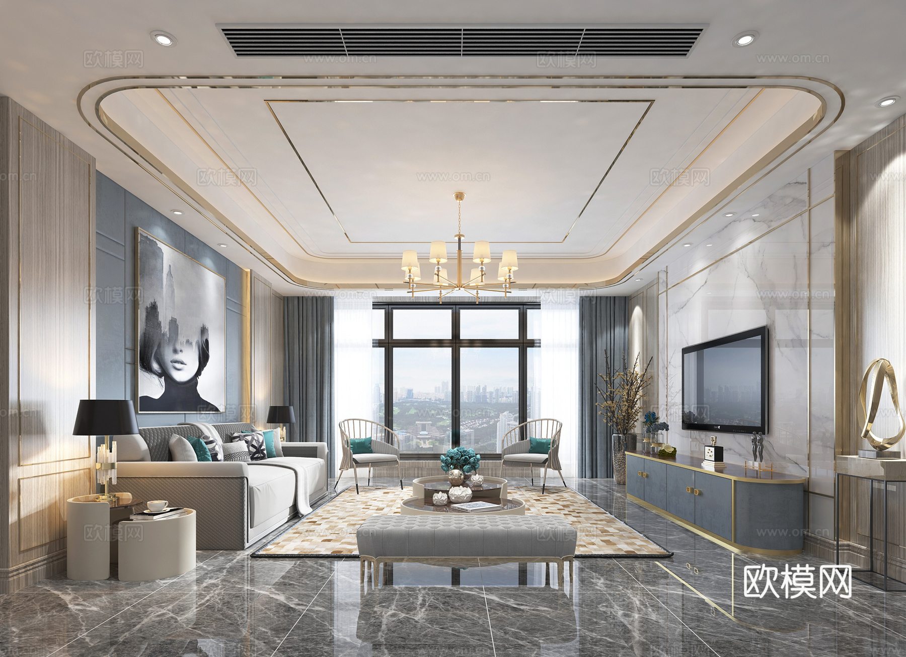 现代客厅 沙发茶几 吊灯 挂画 电视柜 摆件 餐桌椅3d模型