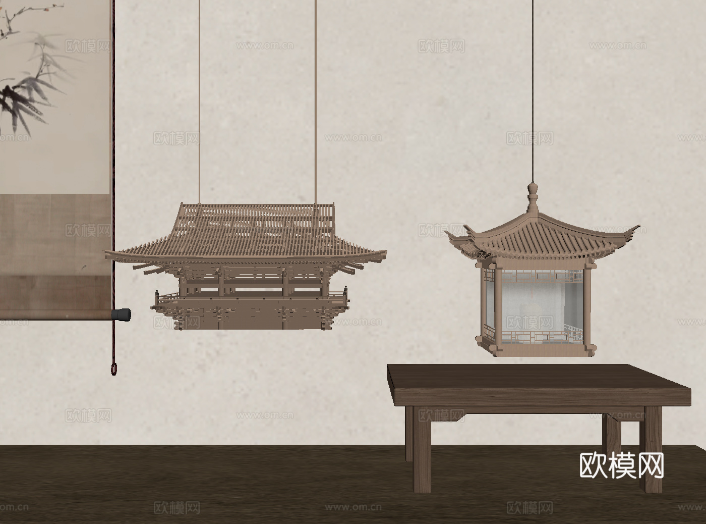 新中式吊灯 古建筑吊灯su模型