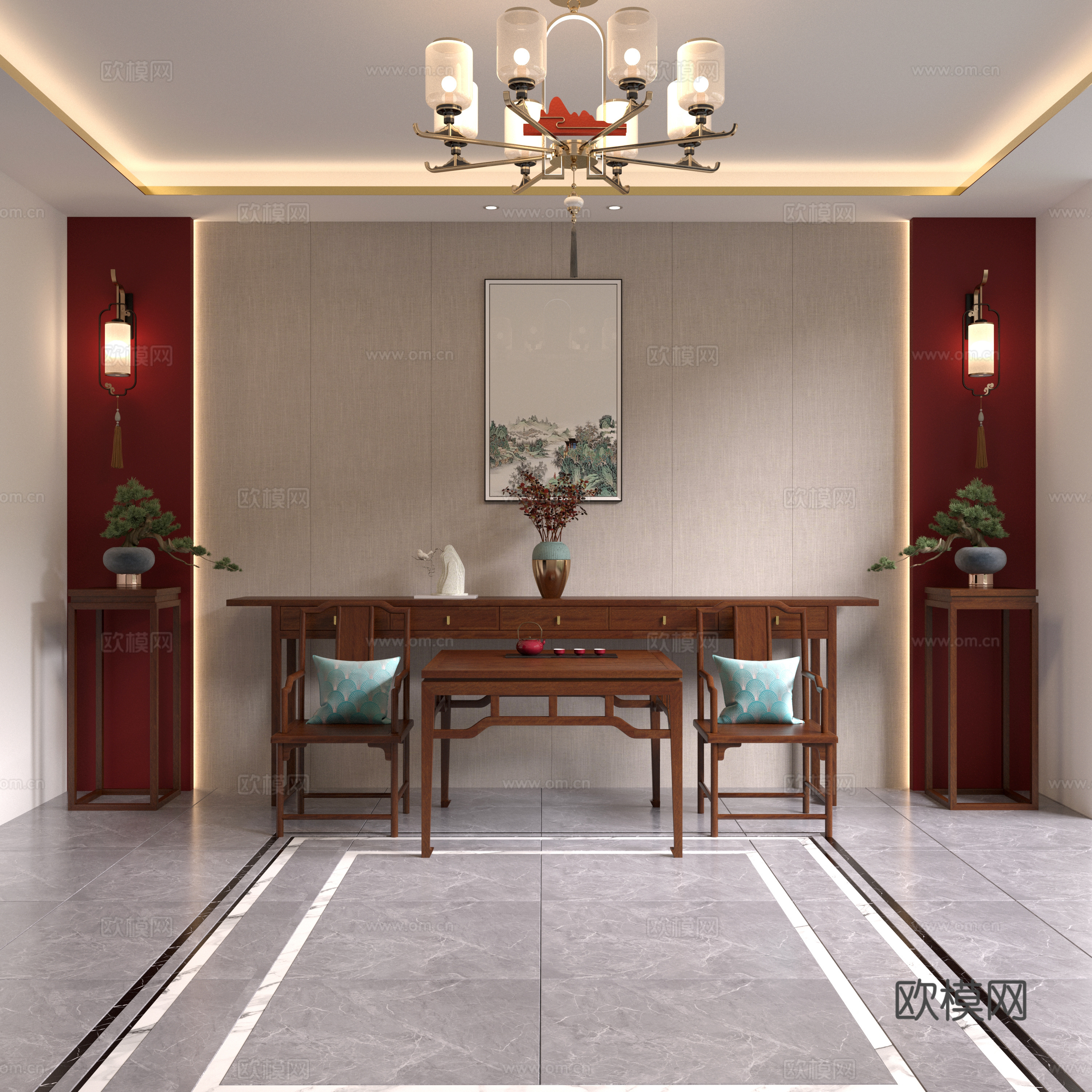 新中式中堂 玄关台 端景台 花架 八仙桌 香案 条桌3d模型