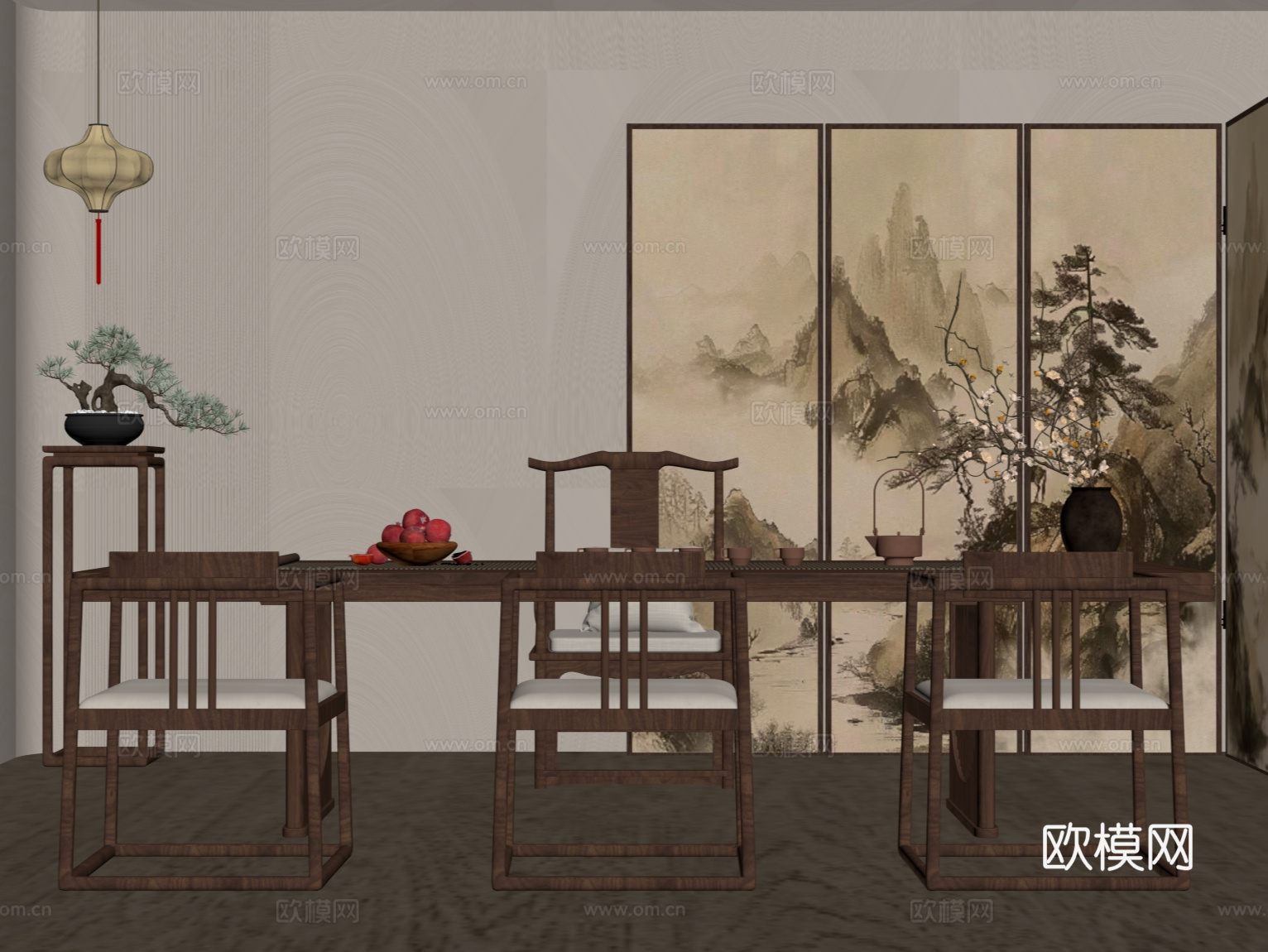 新中式茶桌椅 屏风 吊灯 灯笼su模型