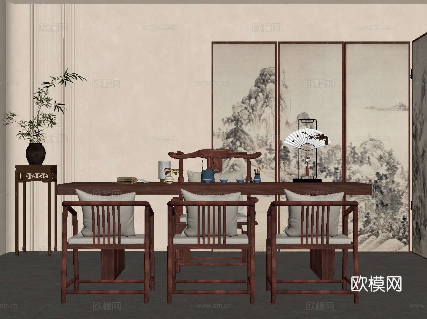 茶室 新中式茶室 茶桌椅su模型