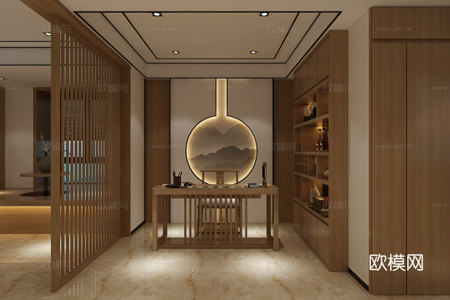 新中式客餐厅茶室 沙发茶几 吊灯 挂画 电视柜 摆件 餐桌椅3d模型
