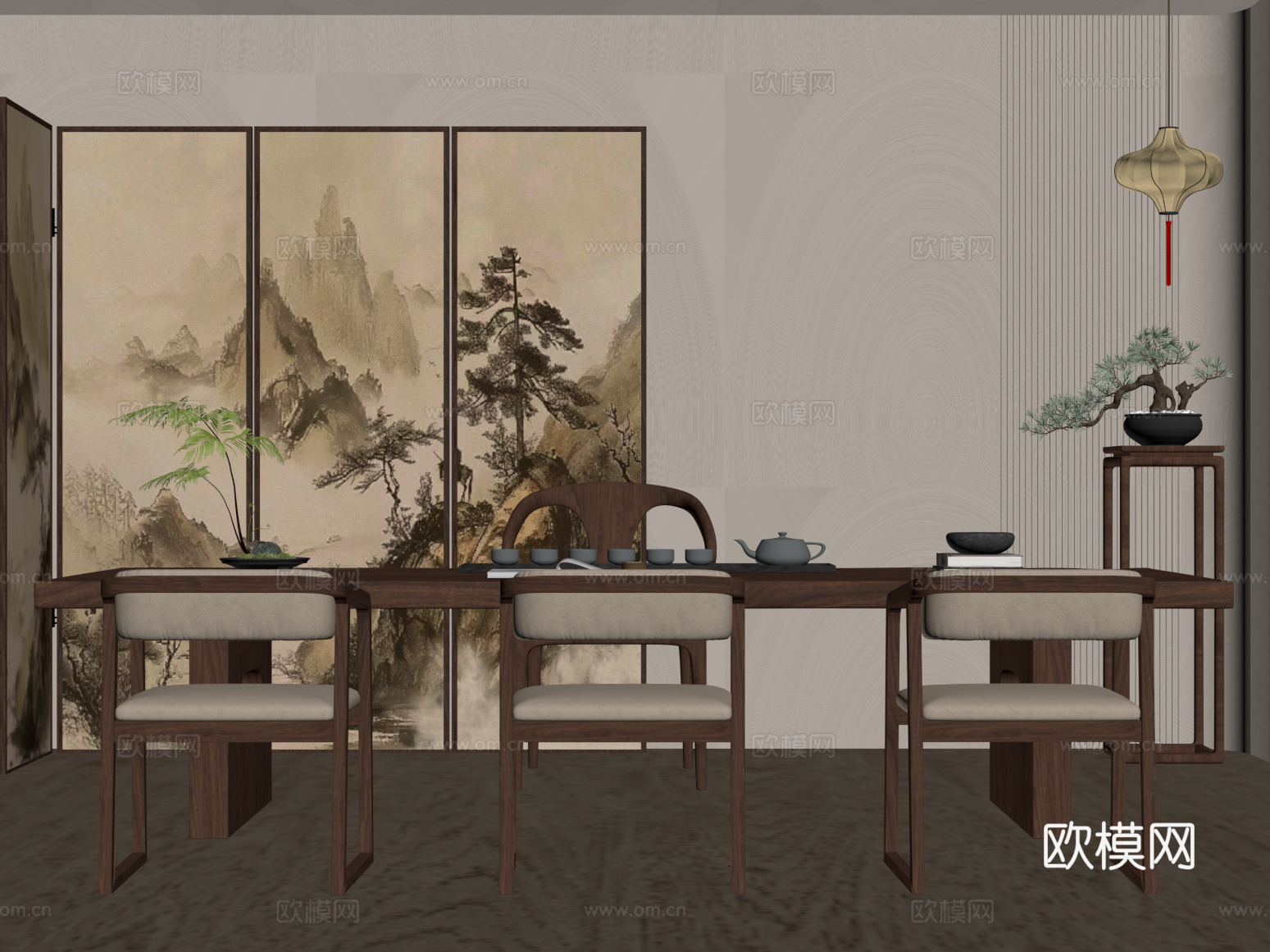 新中式茶桌椅 屏风 吊灯 灯笼su模型