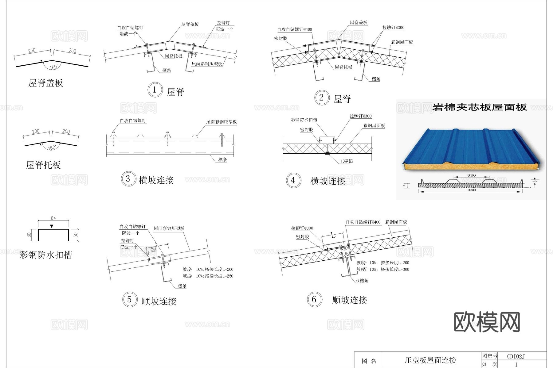 屋顶 彩钢板屋顶 彩钢瓦檐口排水沟 彩钢板采光带节点 压型板cad施工图