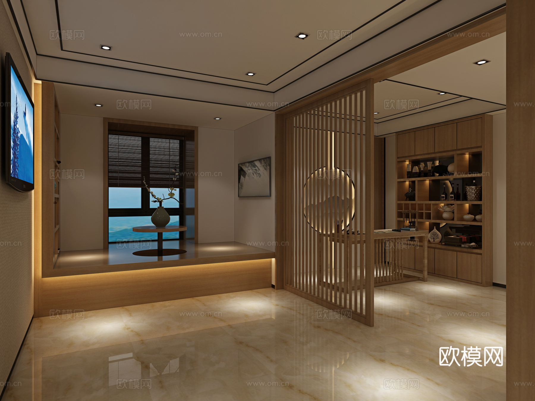 新中式客餐厅茶室 沙发茶几 吊灯 挂画 电视柜 摆件 餐桌椅3d模型