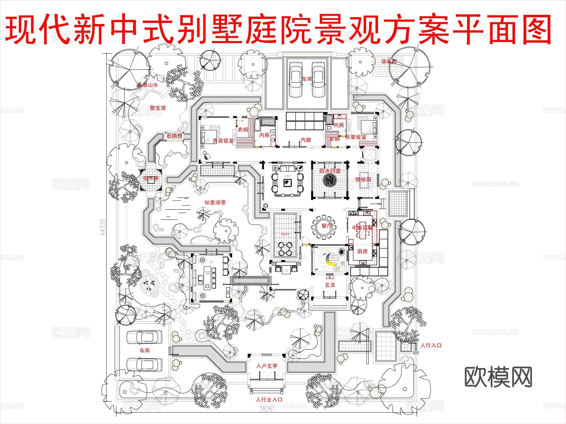 现代新中式别墅庭院景观方案平面图cad施工图