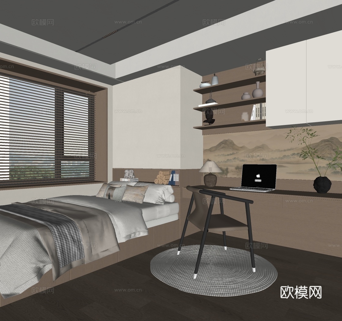 新中式宋式风书房 书桌椅组合 书柜 新中式书房摆件 吊灯 凳su模型