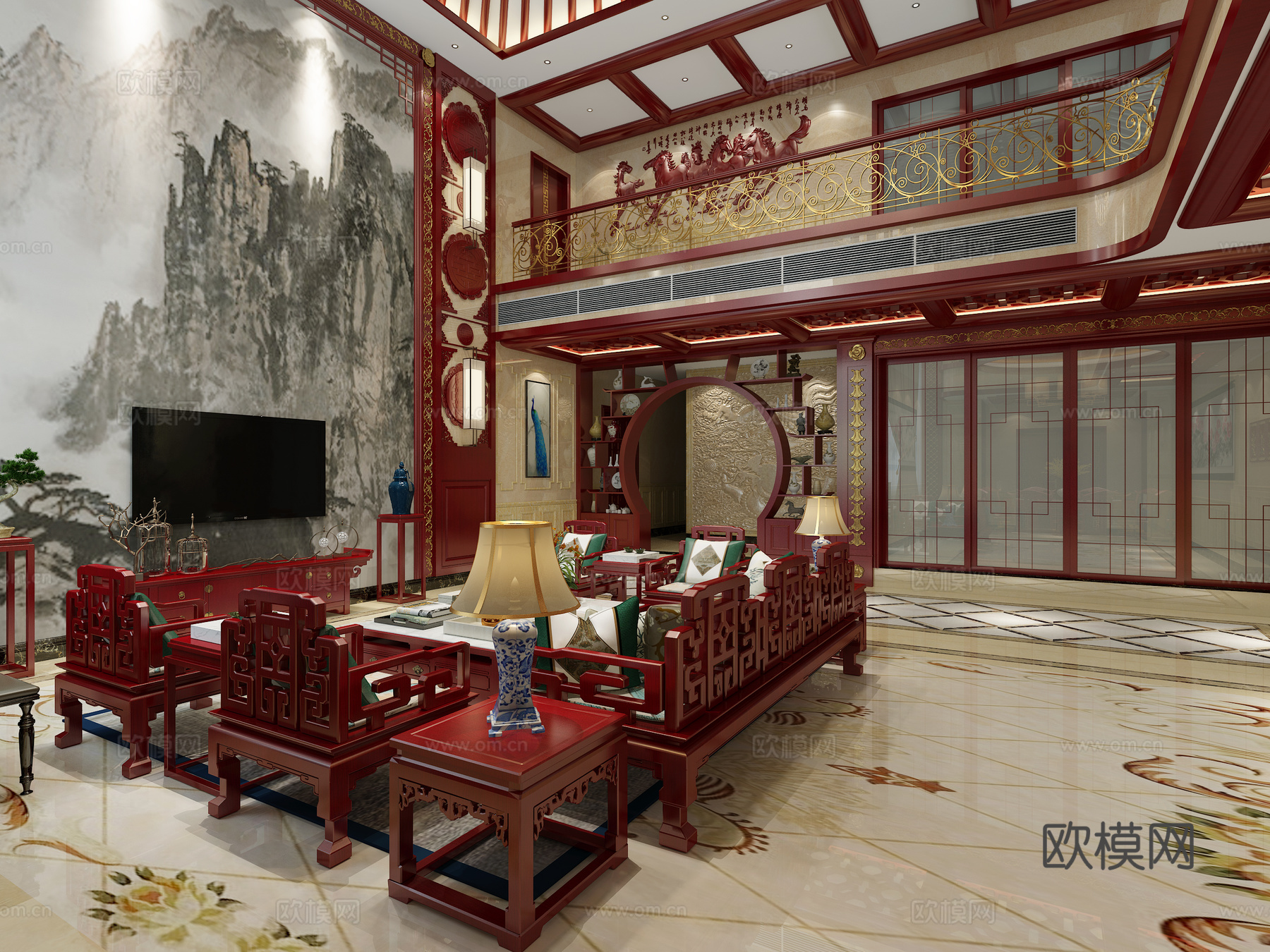 中式挑高客厅3d模型