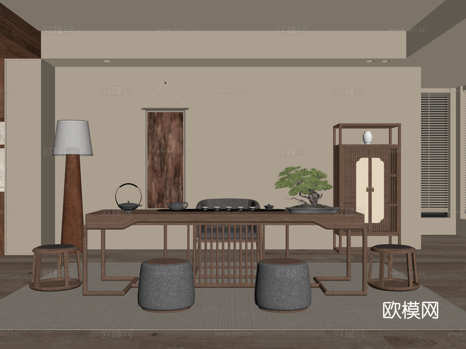 茶室 新中式茶室 茶桌椅 茶台 茶具 茶水柜 落地灯su模型