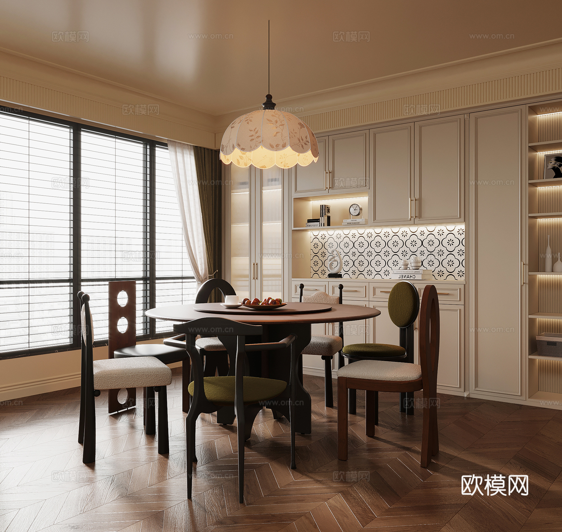 法式餐厅 餐桌椅 酒柜 吊灯su模型