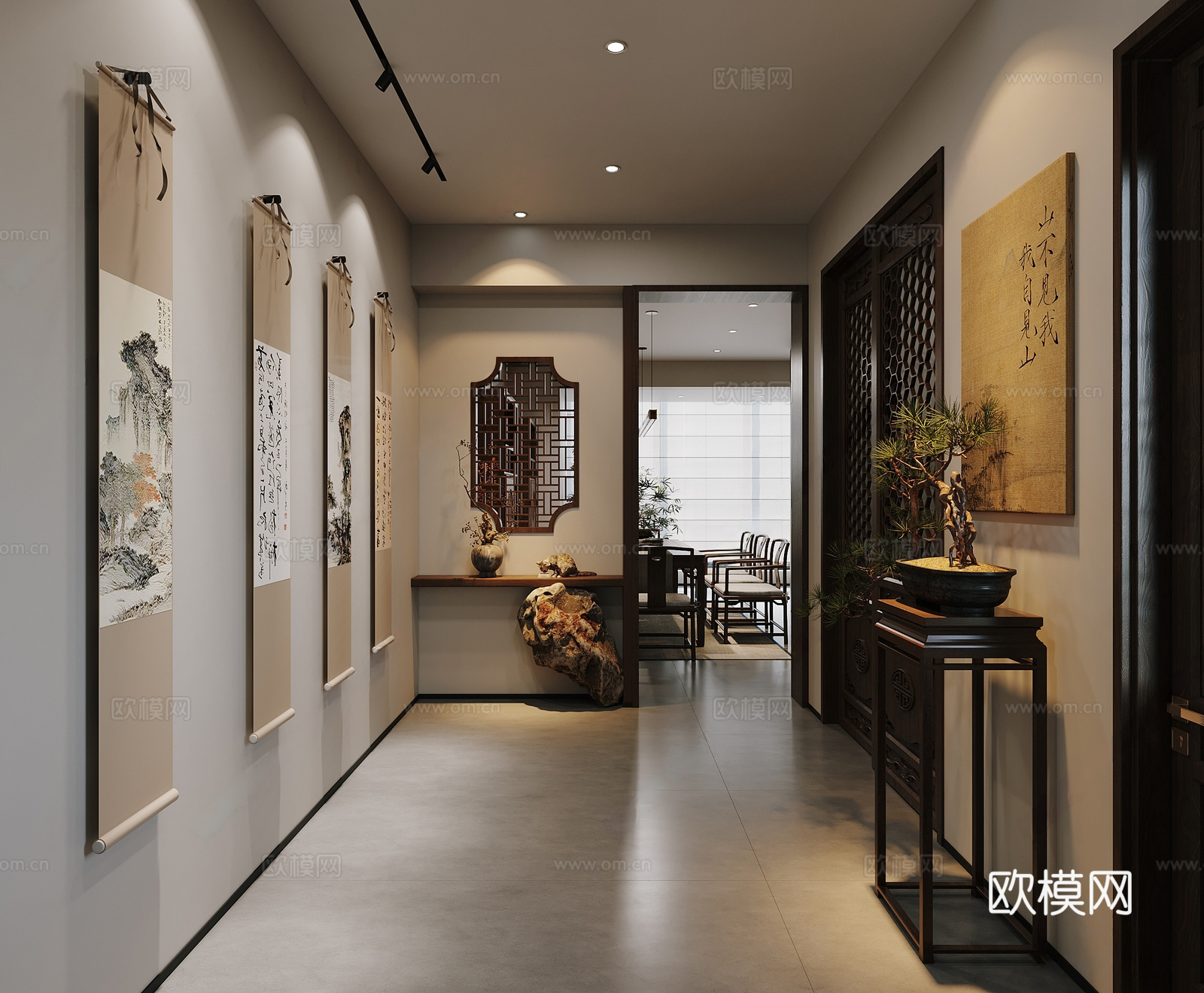 新中式茶室 茶房 茶台 扶手椅 官帽椅 屏风 隔断 中式摆件3d模型