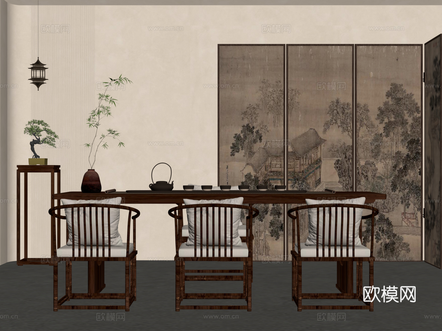茶室 新中式茶室 茶桌椅 屏风su模型